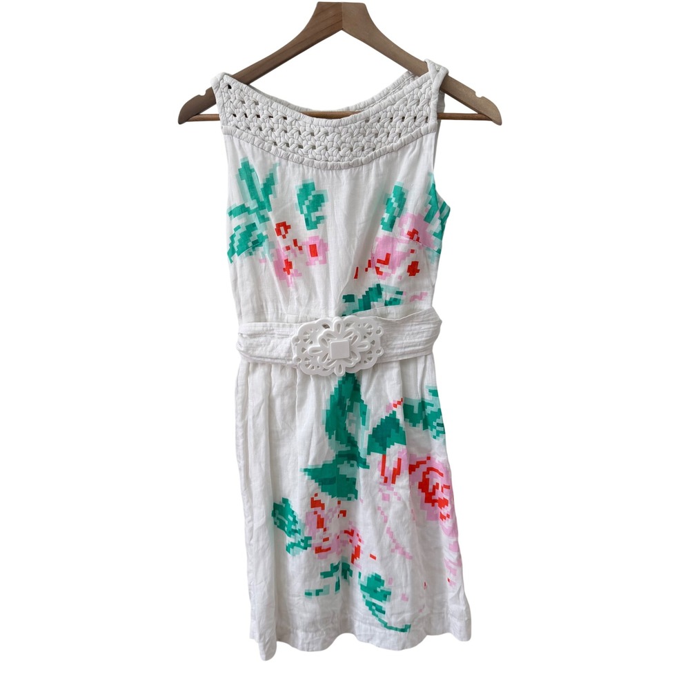 Karta‎ Pixelated Floral Linen Blend Dress XS White Braided Neck Belted Sundress
